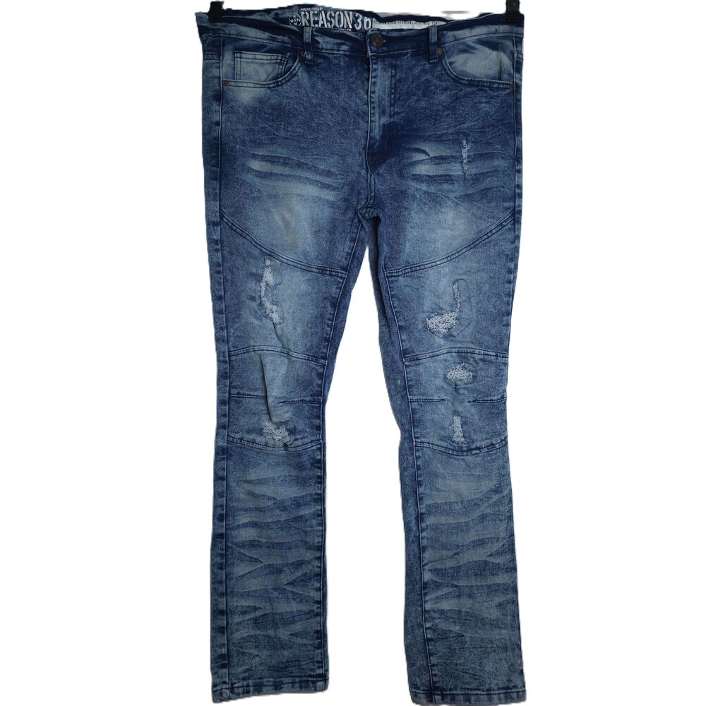 Reason Supply Co Light Wash Distressed Denim Straight Leg Jeans Mens Size 36